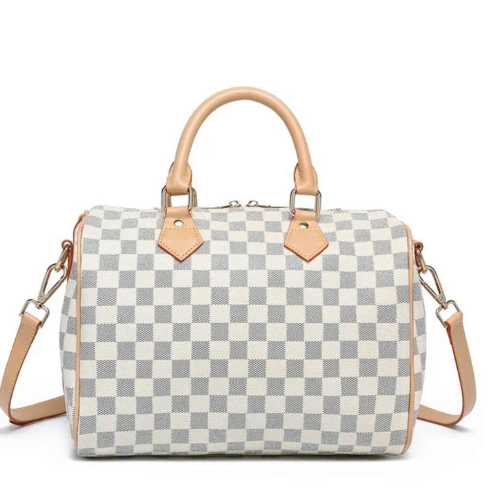 Checkered Tan and White Tote Bag
